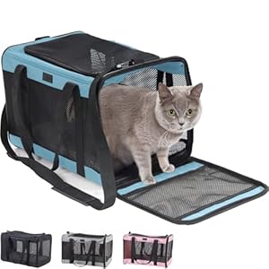 Gorilla Grip Airline Travel Cat Carrier Bag Up to 15 Lbs, Breathable Mesh Collapsible Pet Carriers for Small, Medium Cats, Small Dogs, Puppies, Portable Kennel with Soft Washable Waterproof Pad, Blue