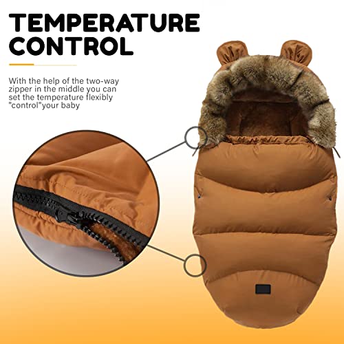 Be2Day Winter-Fußsack für Kinderwagen, Sportwagen & Buggy mit Anti-Rutschschutz, Babyschale Schlafsäcke mit Reißverschluss Kopfteil Wetterfest Tasche, 55x100cm (Braun)