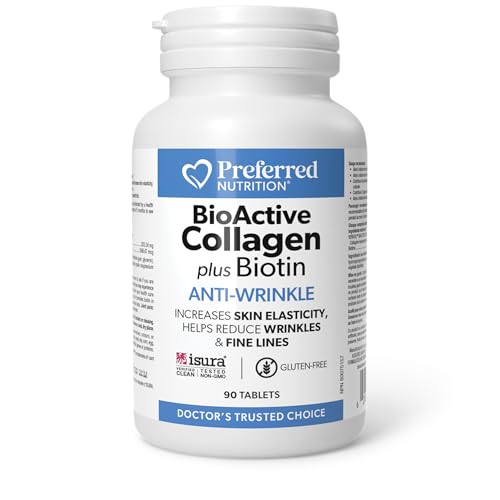 Preferred Nutrition® BioActive Collagen plus Biotin, Anti-Wrinkle, Increases Skin Elasticity, Helps Reduce Wrinkles & Fine Lines, 2,500 mg of Bioactive Collagen Peptides with 5,000 mcg of Biotin Per Serving, 90 Tablets