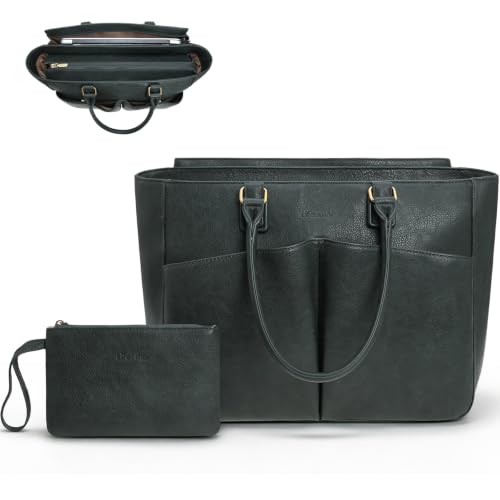 Image of Laptop Tote Bag for Women, Leather Work Tote with Padded Laptop Compartment, Cup Holder, Office Computer Briefcase