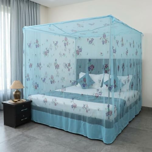 Image of Mosquito Net for King Size Bed - Foldable Square Mosquito Net Double Bed | Mosquito Net for Queen Size Bed | Floral Printed with Base Cloth Mosquitoes Net Sukun Wali Neend (6.5 x 6.5ft, Blue)
