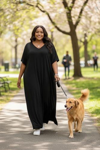 Image of Runwind Plus Size Maxi Dress for Women Short Sleeve V Neck Casual Long Dresses with Pockets