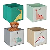 Relaxdays 4er Set, Kinder Aufbewahrungsboxen, süße Dino-Motive, Faltbox für Würfelregale, HBT: 30x30x30 cm, Textil, bunt