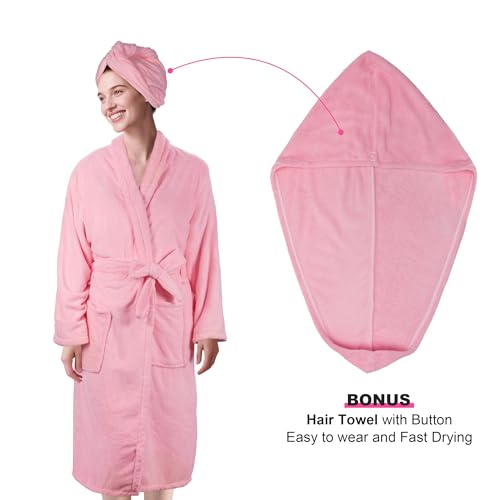 UNIMEIX Microfiber Womens Robes with Hair Drying Towel, Soft Coral Fleece Bathrobe for Women Cozy Premium Warm Long Spa Robe2