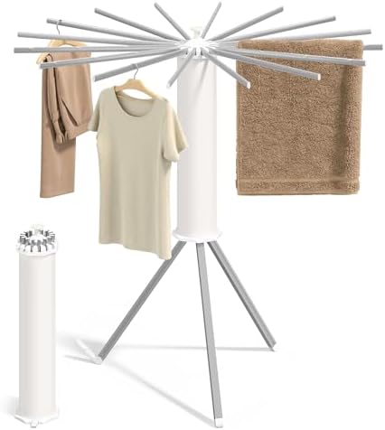 SONGMICS Wäscheständer, klappbar, drehbar, ausziehbar, 16 Aluminiumarme | Wäschespinne, Standtrockner, tragbar, platzsparend, Waschküche, Balkon, wolkenweiß, silbern, BUNJI Kollekt