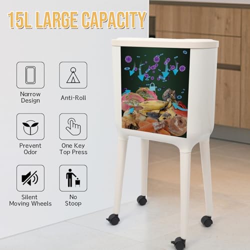 Image of XPIY 4 Gallon Bathroom Trash Can with Wheels and Lid, Slim Garbage Bin | Press top dog proof compact waste basket with high feet for bathroom, kitchen, bedroom, office. (1 Pack, White)