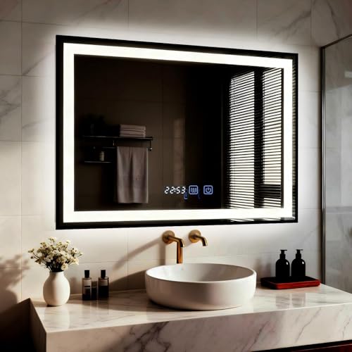 YU YUSING Miroir de Salle de Bain LED 80x60cm, Miroir Lumineux Cosmétique Mural avec 3 Couleurs de Lumière Réglables, Cadre Métallique, Affichage L'heure,...