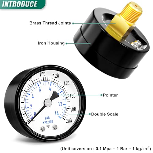 Image of 0-200PSI Well Pump Pressure Gauge 1 /4 inch NPT 2 inch Face Dial Size, Multifunctional Practical Dry Pressure Gauge, Back Mount, for Water, Oil and Air Compressor