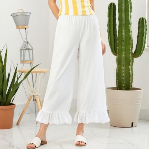 Women Summer Capri Palazzo Pants Elastic Waist Floral Eyelet Hollow Out Ruffle Hem Wide Leg Trousers Boho Loose Beach Pants2