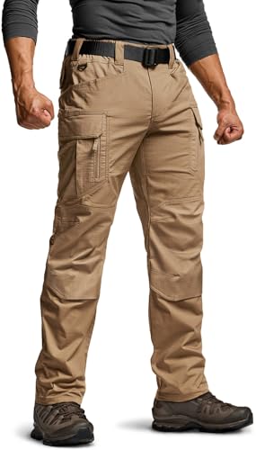 CQR Mens Flex Stretch Tactical Pants Water Resistant Ripstop Cargo Pants Lightweight EDC Outdoor Work Hiking Pants Intense Cougar 38W x 32L