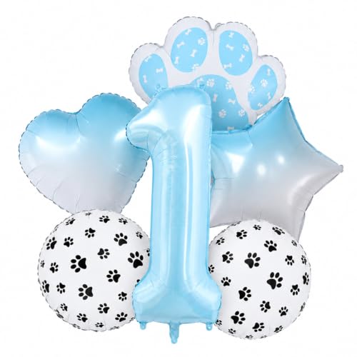 Image of Blue Puppy Dog Paw Print Number 1 Foil Balloon Kit Boys 1st Birthday Decor
