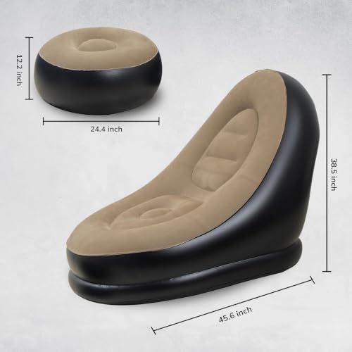 Image of 1-Seater Inflatable Recliner Sofa Chair & Ottoman Stool Set | Soft Velvet Flocked PVC Air Couch for Adults & Kids | Portable Blow Up Lazy Lounge Chair with Electric Air Pump