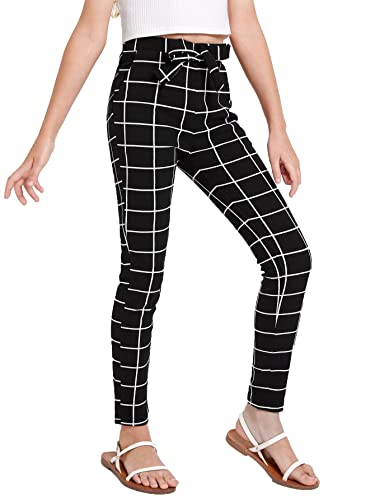 WDIRARA Girl's Stretchy Plaid Paper Bag Waist Skinny Legging Pants with Pockets4