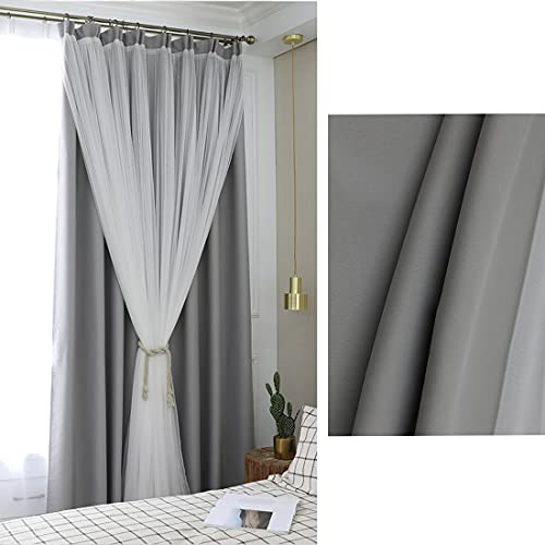 Double Layer Blackout Curtain GrayBlackout Mix Match Voile Layered Solid Pencil Pleat Curtain Panel for Living Room Girl Bedroom Thermal Insulation Shading Curtain Gray/Beige/Pink 1 pc - Image 3