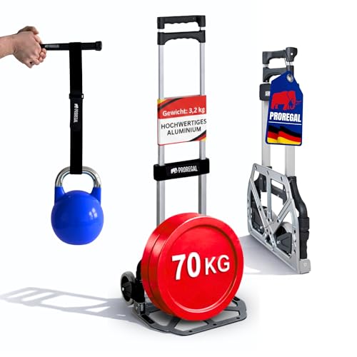 PROREGAL klappbare Aluminium Sackkarre Elephant | Traglast 70kg | 3 kg leicht | Leichtlauf-Vollgummiräder Leichtlauf große Schaufel | Silber | Transportkarre