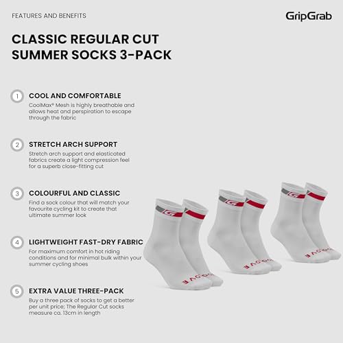 Image of GripGrab Classic Regular Cut Summer Cycling Socks Single & Multipack Coolmax Bicycle Socks for Spinning Indoor Biking