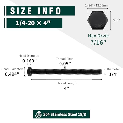 Image of 1 /4-20 x 4 Hex Head Bolts Black, 304 Stainless Steel 18-8 Hexagon Head Screws Bolts, Black Oxide Finish, Allen Hex Drive, 12 PCS
