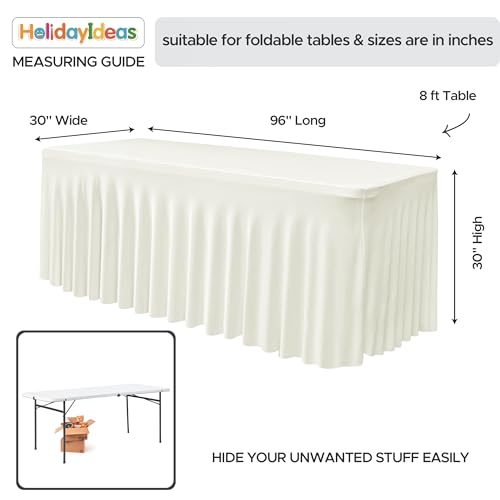 Image of HolidayIdeas 8ft Spandex Table Skirts for Desert Table Fitted Stretch Tablecloth 30x96 Inch, Ruffle Design Wrinkle-Free Polyester Tablecloths for Parties, Weddings, Banquets Events, Beige,2 Pack