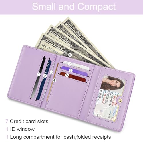Image of Trifold Small RFID Blocking Wallet Pocket Cute Short Slim Sparkling Credit Card Holder Leather Keychain Ladies Mini Purse with ID Window, Glitter Purple
