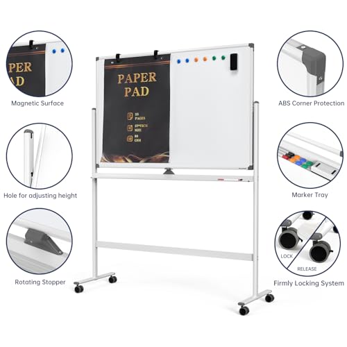 Image of Large Dry-Erase Rolling Magnetic Whiteboard - 48 x 32 Inches Dry Erase Board with Stand Height Adjust Double Sides Mobile White Board Easel on Wheels with 25 Sheets Paper Pad Office, Home & Classroom