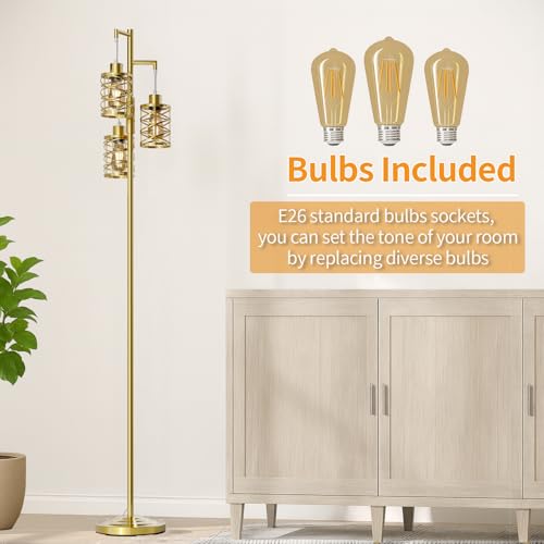Image of Oneach 70 inch Industrial Floor Lamp, Stepless Dimmable Standing Lamp with 3 Bulbs, Farmhouse Corner Standing Tree Lamp for Living Room, Tall Lamps for Bedroom, Office, Study Room, Dining Room, Gold