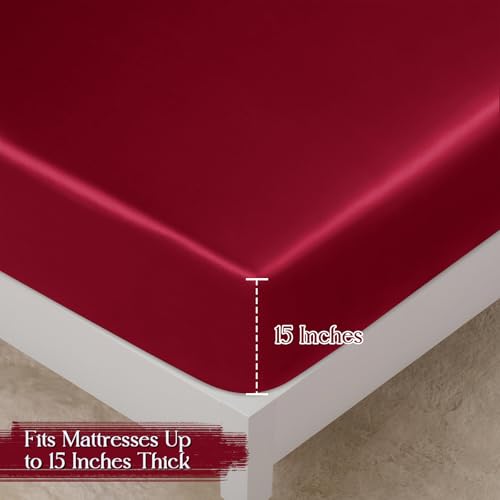 Image of Homiest Burgundy Queen Ruffle Pillowcase & Satin Fitted Sheet Set 3Pcs | Silky Satin Protects Hair And Skin, 15-Inch Deep Pocket, Pearlescent Rich Vintage Warmth, Easy Machine Wash Care