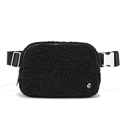 FODOKO Sherpa Belt Bag Fleece Crossbody Bag Fanny Pack for Women Fashionable Everywhere Waist Bum Bag Pack with Hardware Buckle Black(Sliver)