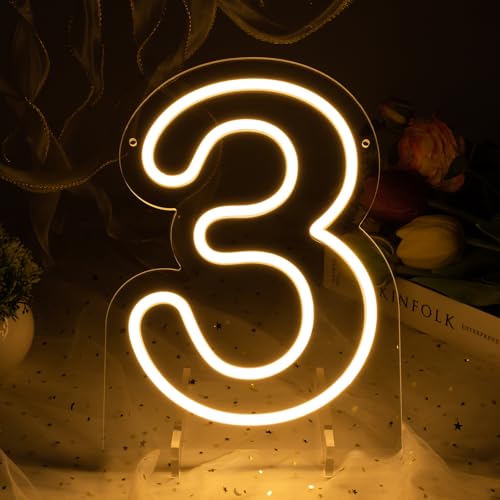 Image of Number 3 LED Neon Sign Backdrop Birthday Party Decoration, 11.3 inch Height Warm White Marquee Numbers Three Light Up Sign for Wedding Anniversary Window Wall Table, Indoor Battery Operated or USB