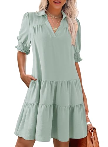 Image of Dokotoo Casual Dresses for Women Lapel Collared V Neck Mid Sleeved Pleated Summer Dresses for Women 2026 Midi Dresses