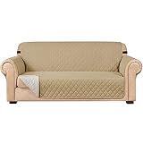 Subrtex Funda protectora acolchada y reversible para sofás de 1,2,3 plazas, con correas elásticas ajustables y bolsillo de almacenamiento en el lateral (sofá de dos plazas, color arena)