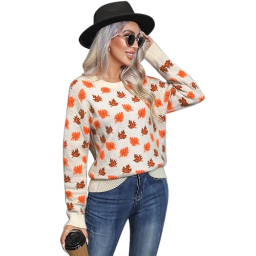 CHICWISH Women Maple Leaf Knit Sweater Oversized Chunky Long Sleeves Crewneck Jumper Fall Winter Casual Pullover Tops2