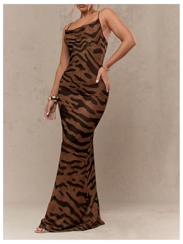 GORGLITTER Women's Animal Zebra Print Bodycon Maxi Dress Y2K Cowl Neck Open Back Summer Graduation Long Sundresses4