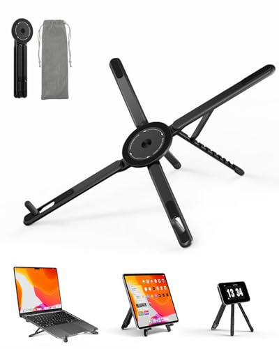 Viozon Portable Laptop Stand for Desk Foldable Adjustable Computer Riser with Magnetic Phone Holder Aluminum Laptop Stand for 1016 Laptops & 413 Phones/Tablets (Black)