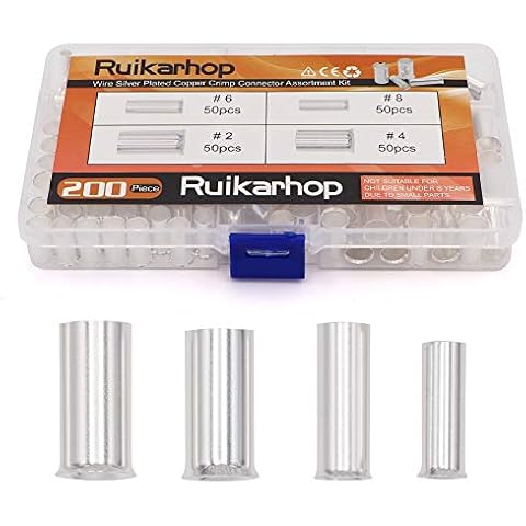 Ruikarhop 200PCS (AWG 8 6 4 2) 2-8 Gauge Wire Ferrules Kits Silver Plated Copper Crimp Connector Non Insulated Ferrules Pin Cord End Terminal Cover