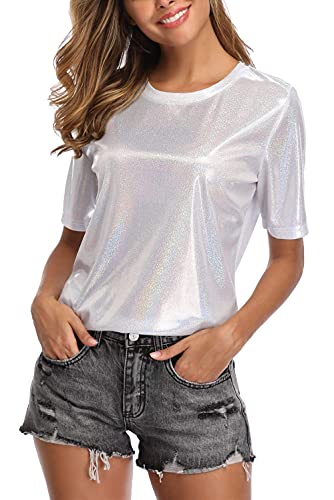 Shiny Tops For Women Metallic Holographic Shirt Party Shimmer Sparkle Disco T-Shirt (Xx-Large (Us 20), Silver) #TOP1