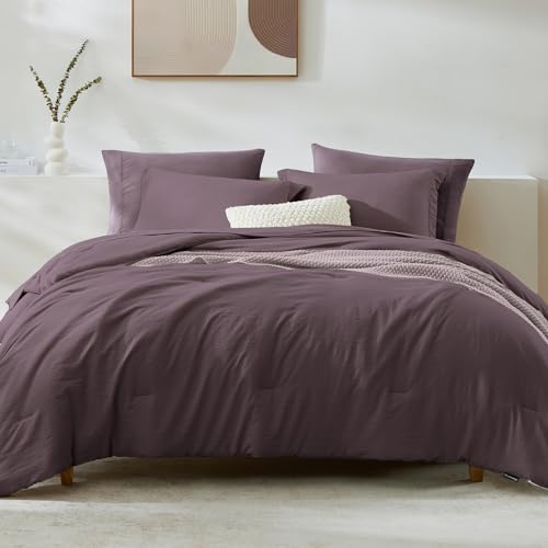 Image of Queen Comforter Set-7 Pieces Soft Prewashed Bed in a Bag Queen Bedding Sets | All Season Comforter with Sheets, Pillow Shams & Pillowcases, Artic Plum