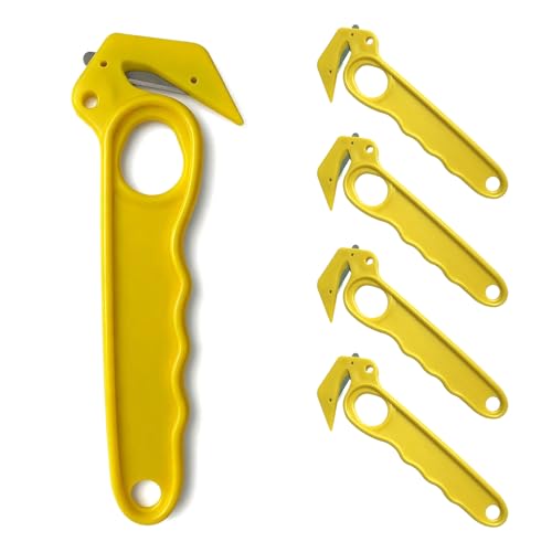 FOSDICK 4 Pack Cutter Couteau Crochet, Couteau de Sécurité Jaune, Cutter de Décartonage pour Carton, Film Bulle, Plastique et Emballage, Outil de Découpe Professionnel pour Entrepôt et Stock