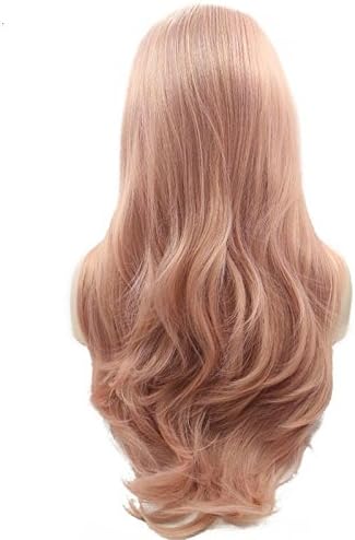 ELESTY Lace Front Wigs Rose Gold Synthetic Lace Front Wig Long Wavy Natural Hairline Heat Resistant Fiber Hair Natural Looking Peach Pink Glueless Lace Wigs For Women
