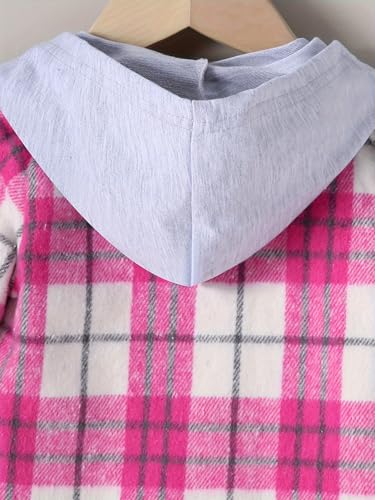 Image of Girls Outfits 2Pcs Pink Long Sleeve Hooded Plaid Shirts & Light Gray Pants Clothing 1-5 Years