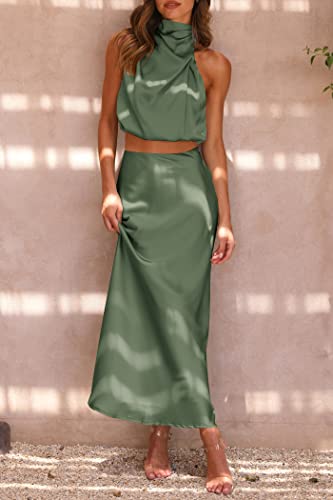 Prettygarden Women's 2 Piece Satin Outfits Summer Sleeveless Mock Neck Crop Tops And Long Skirt Dress Sets (Army Green,Large) #TOP1