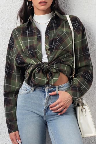Image of CHYRII Womens Button Down Flannel Shirts Long Sleeve Plaid Shackets Business Casual Blouse Top