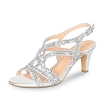 PIZZ ANNU Womens Sandals Sparkly Rhinestones Strappy Kitten Heels Ladies Wedding Shoes for Women Bride Slingback Summer Prom Party Silver Size 5