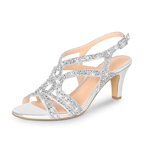 PIZZ ANNU Amelia Sandały Damskie Eleganckie Slingback Kitten Heels, Brokatowe Sandałki z Cyrkoniami, Odkryte Palce, Buty Ślubne i Taneczne na Wesele i Imprezy Srebro EU 39