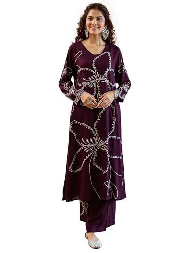 Image of INDO ERA Women Viscose Rayon Floral Embroidered Straight Kurta & Pant Set (IEOUT6941)
