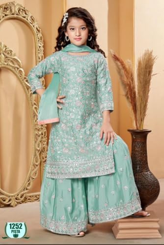 Girls' Fine Georgette Embroidered Kurta Plazzao Dress Set, Pink4