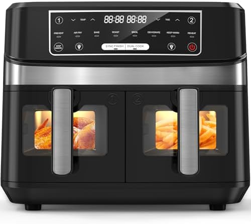 Air Fryer avec Double Compartiment, OQCSUAT Friteuse Sans Huile 10L Avec 8 Programmes 2600W, Friteuse à Air Chaud, Fonctions Match Cook & Smart Finish, Friteuse Electrique avec Fonction Mémoire