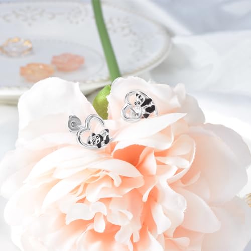Panda Earrings for Girls - Sterling Silver Heart Panda Stud Earrings for Teens Hypoallergenic Lightweight Cute Animal Earrings for Women for Sensitive Ears for Daughter Granddaughter Niece Panda Lover2