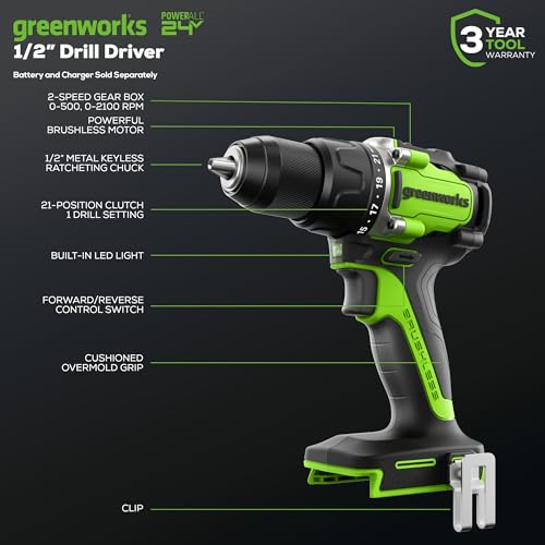 Image of Greenworks 24V Brushless Cordless Compact 1 /2 in. 530 in.-lbs. Drill /Driver and 1,950 in-lbs Impact Driver Combo (21+1 Clutch Position /LED Light), 2x2Ah Battery and 2Ah Fast Charger Included