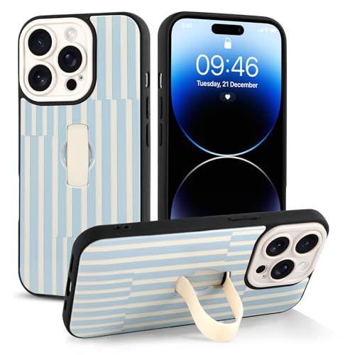 Jefonha Cute for iPhone 14 Pro Max Case with Strap Stand, White Blue Stripe