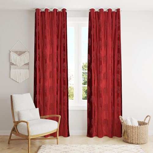 Image of Heavy Quality Punch Tree Curtains 5 Feet Long Set of 1 Pcs | Maroon Window Curtains for Living Room, Bedroom | Lightweight 5 Feet Long Drapes for Home Decoration